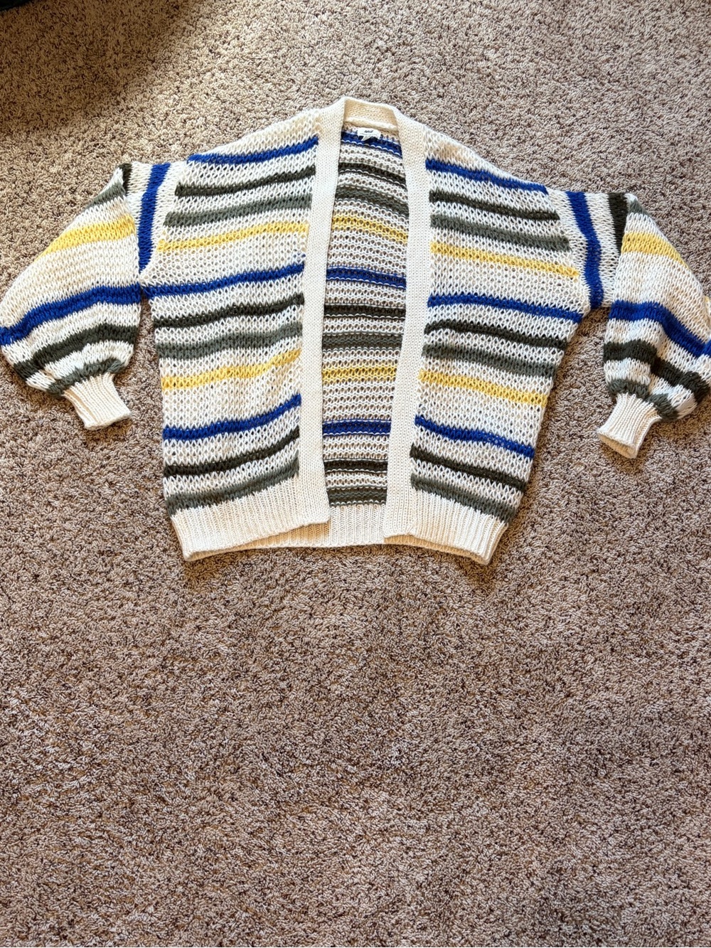 aerie Cream Striped Open-Front Cardigan with Blue, Yellow & Olive